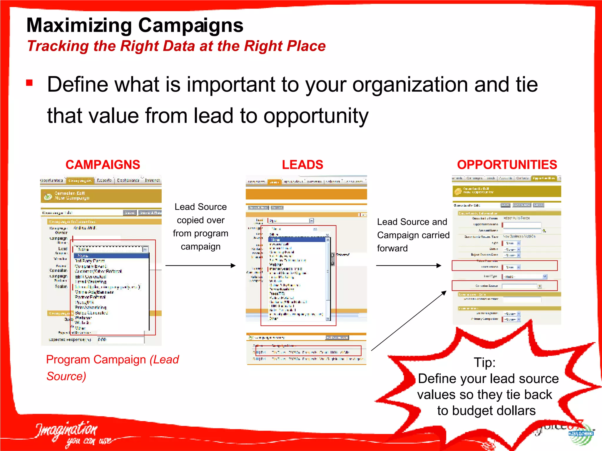 Maximizing Campaigns  Tracking the Right Data at the Right Place Define what is important to your organization and tie that value from lead to opportunity Program Campaign  (Lead Source) CAMPAIGNS Lead Source copied over from program campaign LEADS Lead Source and Campaign carried forward OPPORTUNITIES Tip:  Define your lead source values so they tie back  to budget dollars 
