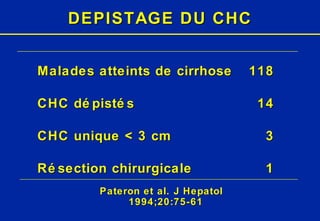 DEPISTAGE DU CHC Pateron et al. J Hepatol 1994;20:75-61 Malades atteints de cirrhose 118 CHC dépistés 14 CHC unique < 3 cm 3 Résection chirurgicale 1 