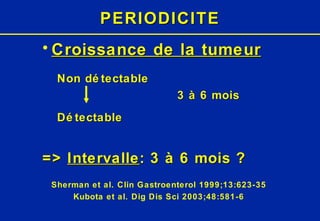 PERIODICITE Croissance de la tumeur Non détectable 3 à 6 mois Détectable =>  Intervalle : 3 à 6 mois ? Sherman et al. Clin Gastroenterol 1999;13:623-35 Kubota et al. Dig Dis Sci 2003;48:581-6 