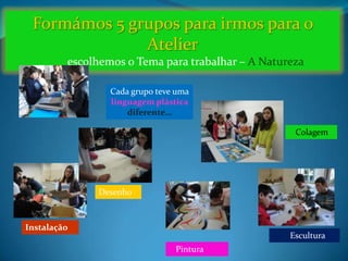 Formámos 5 grupos para irmos para o
              Atelier
         escolhemos o Tema para trabalhar – A Natureza

                 Cada grupo teve uma
                 linguagem plástica
                     diferente…

                                                    Colagem




              Desenho



Instalação
                                                   Escultura
                                Pintura
 