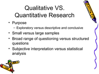 Qualitative VS.
Quantitative Research
• Purpose
– Exploratory versus descriptive and conclusive
• Small versus large samples
• Broad range of questioning versus structured
questions
• Subjective interpretation versus statistical
analysis
 