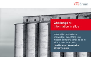 Information, experience,
knowledge, everything in a
modern company tends to be in
silos – hard to access,
hard to even know what
already exists.
Challenge 4:
Information in silos
 