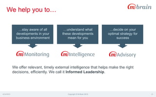 4/14/2015 Copyright © M-Brain 2015 13
We offer relevant, timely external intelligence that helps make the right
decisions, efficiently. We call it Informed Leadership.
We help you to…
…stay aware of all
developments in your
business environment
…understand what
these developments
mean for you
…decide on your
optimal strategy for
success
 