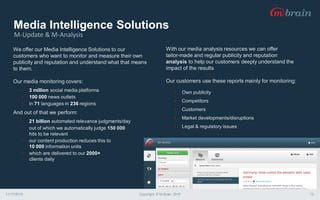 Media Intelligence Solutions
11/17/2015 Copyright © M-Brain 2015 13
We offer our Media Intelligence Solutions to our
customers who want to monitor and measure their own
publicity and reputation and understand what that means
to them.
Our media monitoring covers:
• 3 million social media platforms
• 100 000 news outlets
• in 71 languages in 236 regions
And out of that we perform:
• 21 billion automated relevance judgments/day
• out of which we automatically judge 150 000
hits to be relevant
• our content production reduces this to
10 000 information units
• which are delivered to our 2000+
clients daily
With our media analysis resources we can offer
tailor-made and regular publicity and reputation
analysis to help our customers deeply understand the
impact of the results
Our customers use these reports mainly for monitoring:
• Own publicity
• Competitors
• Customers
• Market developments/disruptions
• Legal & regulatory issues
M-Update & M-Analysis
 