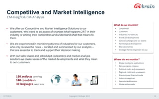 Competitive and Market Intelligence
11/17/2015 Copyright © M-Brain 2015 15
• We offer our Competitive and Market Intelligence Solutions to our
customers, who need to be aware of changes what happens 24/7 in their
industry or among their competitors and understand what that means to
them.
• We are experienced in monitoring dozens of industries for our customers,
who only receive the news – curated and summarized by our analysts –
that are essential to them and support their decision making.
• With our tailor-made and scheduled competitive and market analysis
solutions we make sense of the market developments and what they mean
to our customers.
CM-Insight & CM-Analysis
150 analysts covering
140 countries in
30 languages every day
What do we monitor?
• Competitors
• Customers
• Industriesand verticals
• Trends an developments
• Company changes and key events
• Technologicaldevelopment
• Macroeconomics
• Strategic themes important for you
Where do we monitor?
• Global media and publications
• Company press releases
• National media and newspapers
• Regional media and newspapers
• Economic and financial media
• Industry magazines
• Specialist publications
• Global online media
 