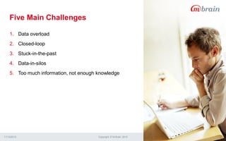 Five Main Challenges
11/13/2015 Copyright © M-Brain 2015 5
1. Data overload
2. Closed-loop
3. Stuck-in-the-past
4. Data-in-silos
5. Too much information, not enough knowledge
 