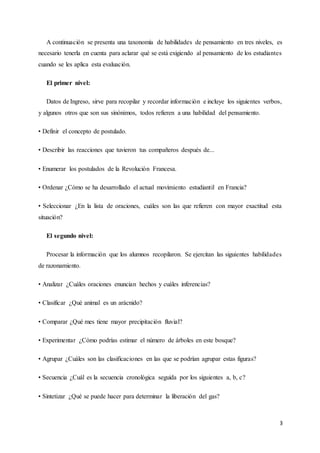 3
A continuación se presenta una taxonomía de habilidades de pensamiento en tres niveles, es
necesario tenerla en cuenta para aclarar qué se está exigiendo al pensamiento de los estudiantes
cuando se les aplica esta evaluación.
El primer nivel:
Datos de Ingreso, sirve para recopilar y recordar información e incluye los siguientes verbos,
y algunos otros que son sus sinónimos, todos refieren a una habilidad del pensamiento.
• Definir el concepto de postulado.
• Describir las reacciones que tuvieron tus compañeros después de...
• Enumerar los postulados de la Revolución Francesa.
• Ordenar ¿Cómo se ha desarrollado el actual movimiento estudiantil en Francia?
• Seleccionar ¿En la lista de oraciones, cuáles son las que refieren con mayor exactitud esta
situación?
El segundo nivel:
Procesar la información que los alumnos recopilaron. Se ejercitan las siguientes habilidades
de razonamiento.
• Analizar ¿Cuáles oraciones enuncian hechos y cuáles inferencias?
• Clasificar ¿Qué animal es un arácnido?
• Comparar ¿Qué mes tiene mayor precipitación fluvial?
• Experimentar ¿Cómo podrías estimar el número de árboles en este bosque?
• Agrupar ¿Cuáles son las clasificaciones en las que se podrían agrupar estas figuras?
• Secuencia ¿Cuál es la secuencia cronológica seguida por los siguientes a, b, c?
• Sintetizar ¿Qué se puede hacer para determinar la liberación del gas?
 