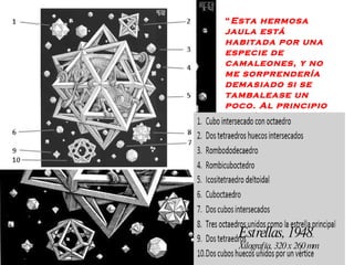 “ Esta hermosa jaula está habitada por una especie de camaleones, y no me sorprendería demasiado si se tambalease un poco. Al principio quería dibujar unos monos en su interior. ” Estrellas, 1948 . Xilografía, 320 x 260 mm 