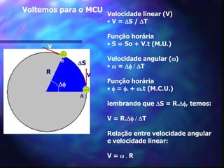 	   Voltemos para o MCUVelocidade linear (V) V = DS / DTFunçãohorária S = So + V.t (M.U.)Velocidade angular (w)w = Df / DT Funçãohoráriaf = fo+ w.t (M.C.U.)lembrandoqueDS = R.Df, temos:V = R.Df / DT Relação entre velocidade angulare velocidade linear:V = w . R VBDSRVDfA