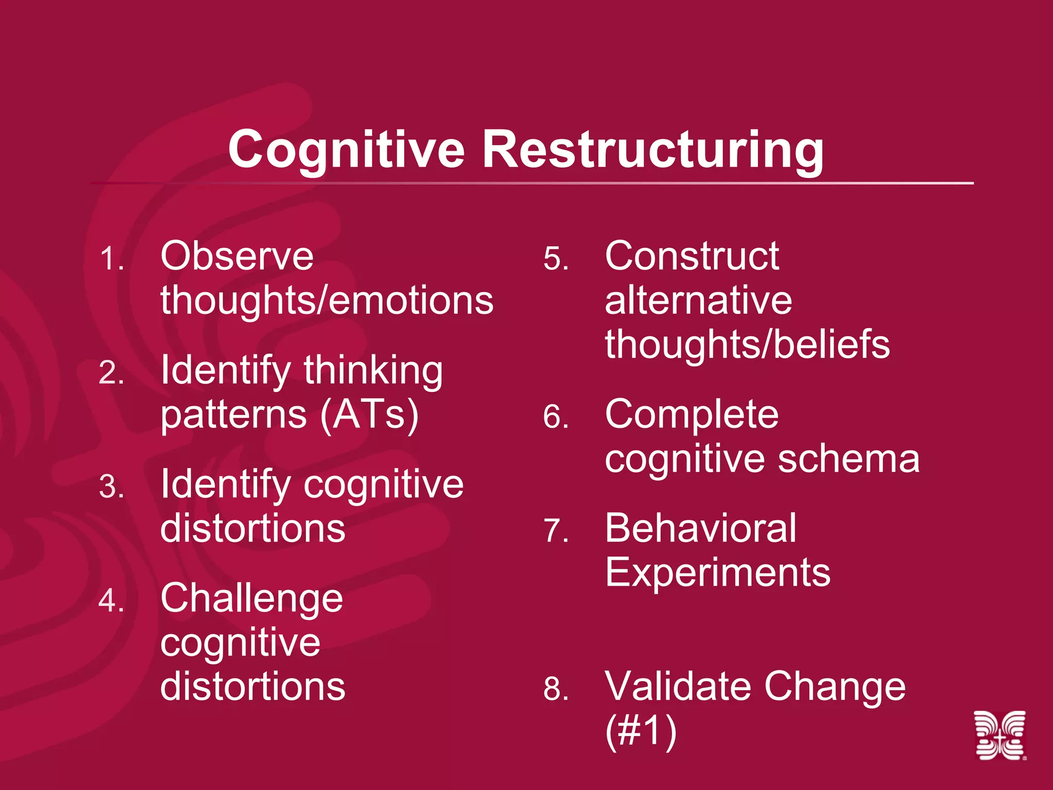 Cognitive Restructuring
1.   Observe              5.   Construct
     thoughts/emotions         alternative
                               thoughts/beliefs
2.   Identify thinking
     patterns (ATs)       6.   Complete
                               cognitive schema
3.   Identify cognitive
     distortions          7.   Behavioral
                               Experiments
4.   Challenge
     cognitive
     distortions          8.   Validate Change
                               (#1)
 