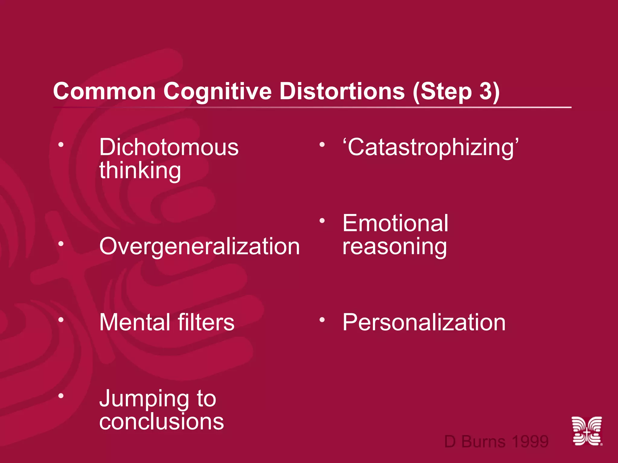 Common Cognitive Distortions (Step 3)

   Dichotomous             ‘Catastrophizing’
    thinking

                            Emotional
   Overgeneralization       reasoning


   Mental filters          Personalization


   Jumping to
    conclusions
                                      D Burns 1999
 
