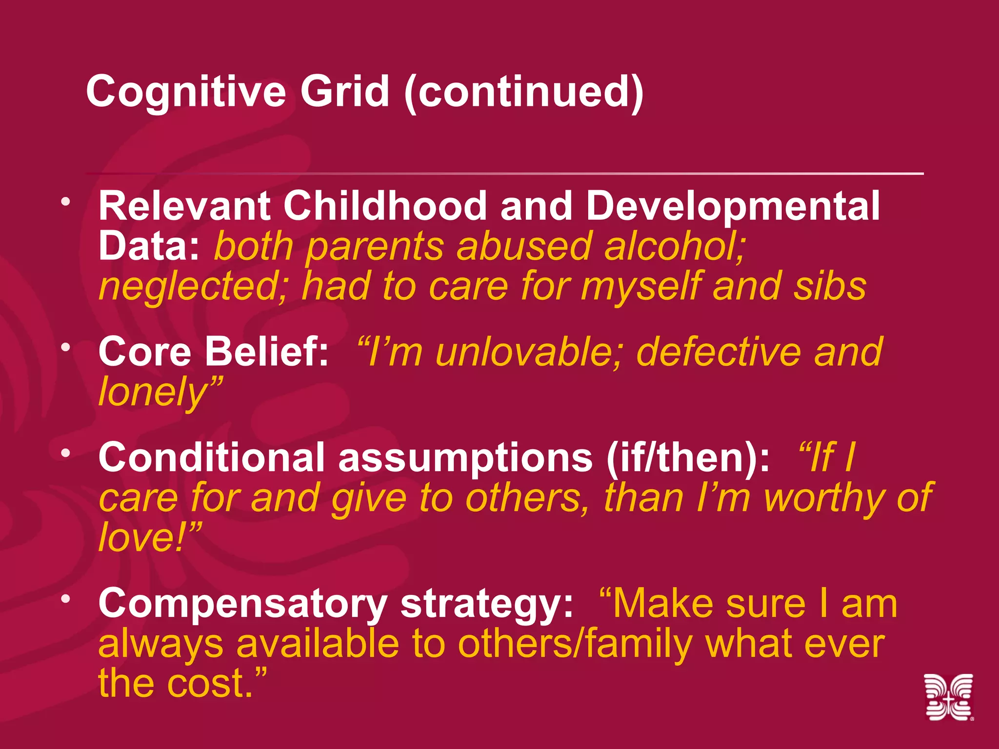 Cognitive Grid (continued)

   Relevant Childhood and Developmental
    Data: both parents abused alcohol;
    neglected; had to care for myself and sibs
   Core Belief: “I’m unlovable; defective and
    lonely”
   Conditional assumptions (if/then): “If I
    care for and give to others, than I’m worthy of
    love!”
   Compensatory strategy: “Make sure I am
    always available to others/family what ever
    the cost.”
 