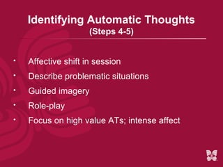 Identifying Automatic Thoughts
                     (Steps 4-5)


   Affective shift in session
   Describe problematic situations
   Guided imagery
   Role-play
   Focus on high value ATs; intense affect
 