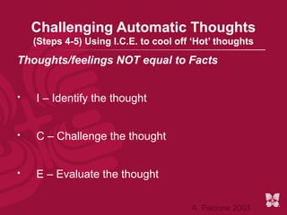 Challenging Automatic Thoughts
    (Steps 4-5) Using I.C.E. to cool off ‘Hot’ thoughts

Thoughts/feelings NOT equal to Facts


   I – Identify the thought


   C – Challenge the thought


   E – Evaluate the thought

                                        A. Pacione 2003
 