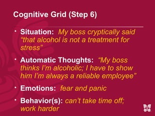 Cognitive Grid (Step 6)

   Situation: My boss cryptically said
    “that alcohol is not a treatment for
    stress”
   Automatic Thoughts: “My boss
    thinks I’m alcoholic; I have to show
    him I’m always a reliable employee”
   Emotions: fear and panic
   Behavior(s): can’t take time off;
    work harder
 