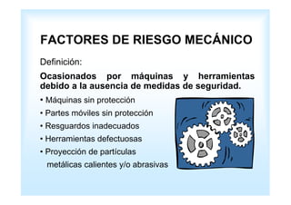 FACTORES DE RIESGO MECÁNICO 
Definición: 
Ocasionados por máquinas y herramientas 
debido a la ausencia de medidas de seguridad. 
• Máquinas sin protección 
• Partes móviles sin protección 
• Resguardos inadecuados 
• Herramientas defectuosas 
• Proyección de partículas 
metálicas calientes y/o abrasivas 
 