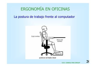 ERGONOMÍA EN OFICINAS 
La postura de trabajo frente al computador 
CCG CONSULTING GROUP 20 
 