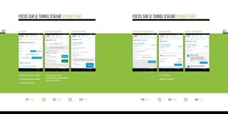 42
FOCUS SUR LE TUNNEL D’ACHAT VOYAGES-SNCF
ACCUEIL PAGE DE Résultat CHOIX DU TARIF
•	Boutons d’accès rapide
•	Offres promotionnelles
•	Interface simple
•	Mise en avant des
informations importantes
par des couleurs
01/14 02/14 03/14
43
FOCUS SUR LE TUNNEL D’ACHAT VOYAGES-SNCF
CHOIX DU PLACEMENT MON PANIER MODE DE RETRAIT
•	Fil d’Ariane
•	Retour possible
04/14 05/14 06/14
 
