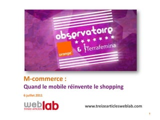 M-commerce :
Quand le mobile réinvente le shopping
6 juillet 2011


                      www.treizearticlesweblab.com
                                                     1
 