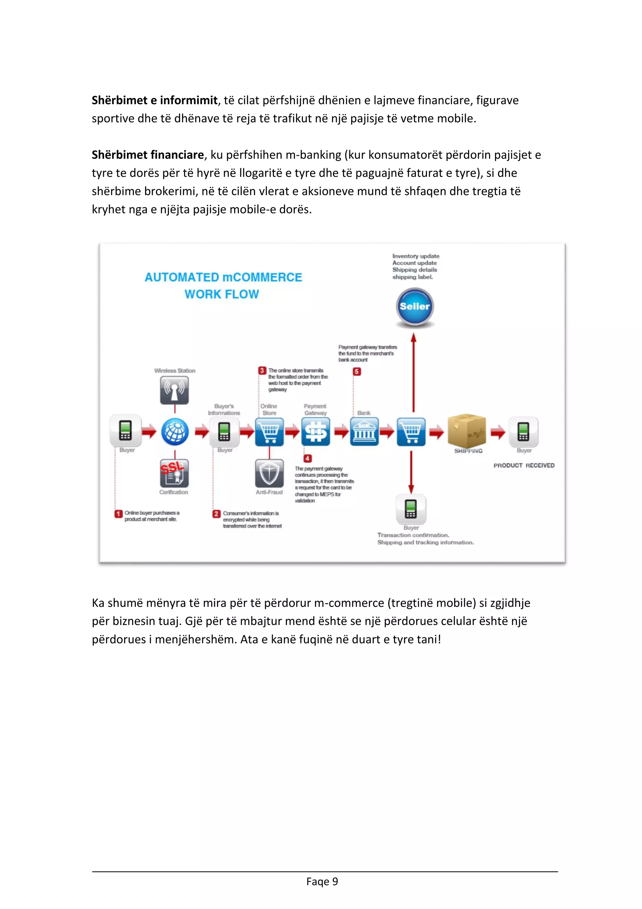Shërbimet e informimit, të cilat përfshijnë dhënien e lajmeve financiare, figurave
sportive dhe të dhënave të reja të trafikut në një pajisje të vetme mobile.
Shërbimet financiare, ku përfshihen m-banking (kur konsumatorët përdorin pajisjet e
tyre te dorës për të hyrë në llogaritë e tyre dhe të paguajnë faturat e tyre), si dhe
shërbime brokerimi, në të cilën vlerat e aksioneve mund të shfaqen dhe tregtia të
kryhet nga e njëjta pajisje mobile-e dorës.

Ka shumë mënyra të mira për të përdorur m-commerce (tregtinë mobile) si zgjidhje
për biznesin tuaj. Gjë për të mbajtur mend është se një përdorues celular është një
përdorues i menjëhershëm. Ata e kanë fuqinë në duart e tyre tani!

Faqe 9

 