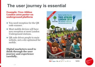 The user journey is essential
Example: Tree-Athlon
London 2010 poster on
underground platform

 You need reception for the QR
  code scanner.
 Most mobile devices will have
  zero reception at most London
  Underground stations.
 QR code drives people to main
  website, not a site optimised for
  mobile.

Digital marketers need to
think through the user
journey and experience
carefully.


       | 8
 