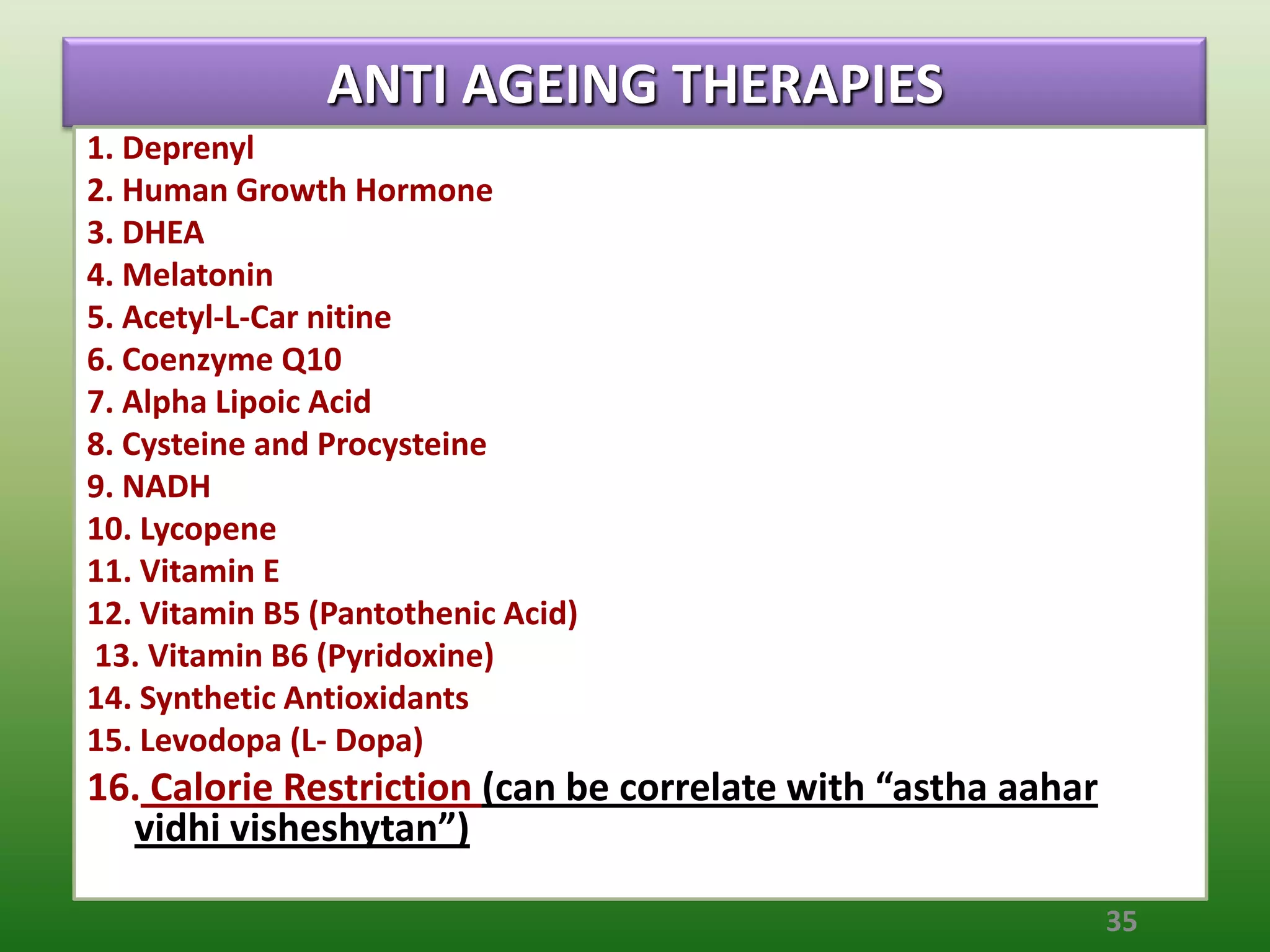 ANTI AGEING THERAPIES
1. Deprenyl
2. Human Growth Hormone
3. DHEA
4. Melatonin
5. Acetyl-L-Car nitine
6. Coenzyme Q10
7. Alpha Lipoic Acid
8. Cysteine and Procysteine
9. NADH
10. Lycopene
11. Vitamin E
12. Vitamin B5 (Pantothenic Acid)
13. Vitamin B6 (Pyridoxine)
14. Synthetic Antioxidants
15. Levodopa (L- Dopa)
16. Calorie Restriction (can be correlate with “astha aahar
  vidhi visheshytan”)

                                                              35
 