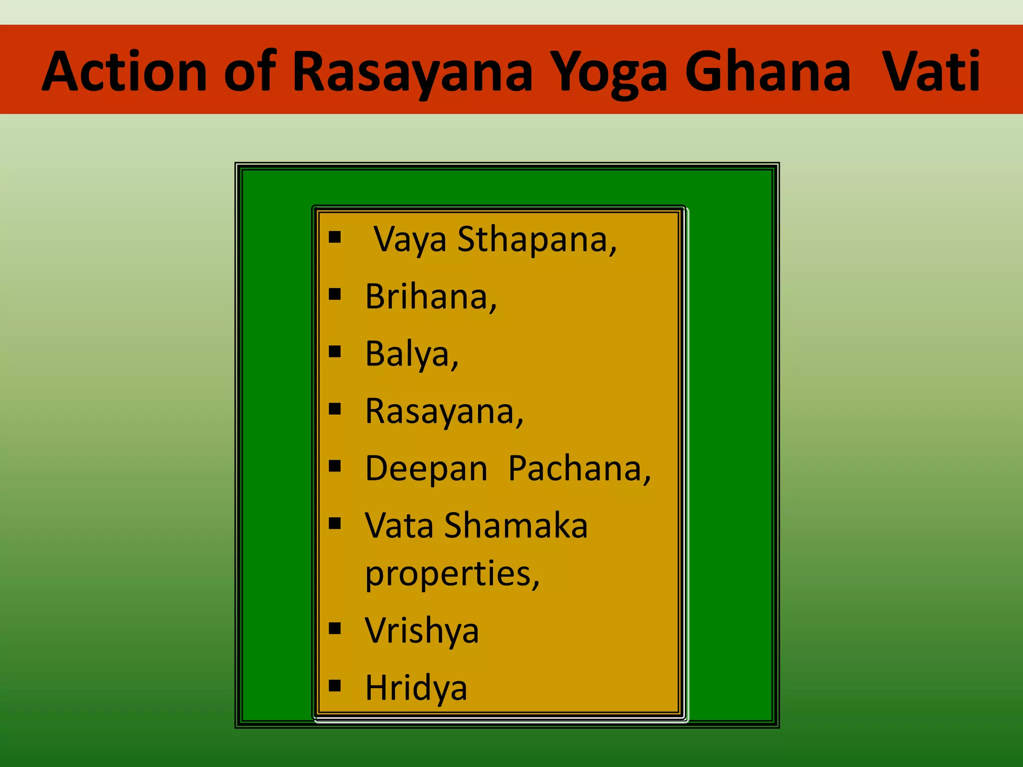 Action of Rasayana Yoga Ghana Vati

           Vaya Sthapana,
           Brihana,
           Balya,
           Rasayana,
           Deepan Pachana,
           Vata Shamaka
            properties,
           Vrishya
           Hridya
 