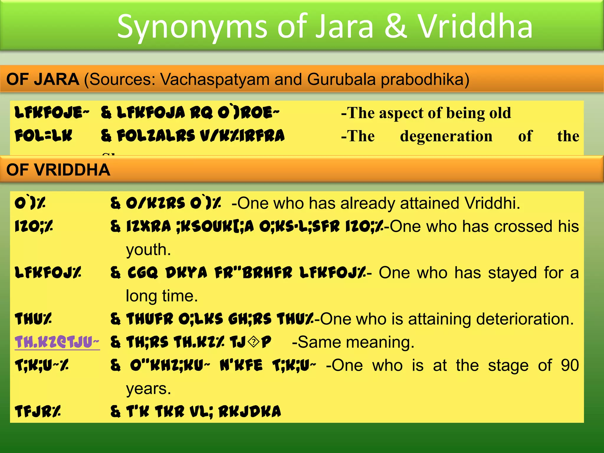 Synonyms of Jara & Vriddha
OF JARA (Sources: Vachaspatyam and Gurubala prabodhika)
 LFkfoje~ & LFkfoja rq o`)Roe~            -The aspect of being old
 foL=lk   & folzalrs v/k%irfrA            -The degeneration of       the
          Shareera
OF VRIDDHA
 o`)%       & o/kZrs o`)% -One who has already attained Vriddhi.
 izo;%      & izxra ;kSouk[;a o;ks·L;sfr izo;%-One who has crossed his
              youth.
 LFkfoj%    & cgq dkya fr”Brhfr LFkfoj%- One who has stayed for a
              long time.
 thu%       & thufr o;lks gh;rs thu%-One who is attaining deterioration.
 th.kZ@tju~ & th;rs th.kZ% tjp -Same meaning.
 T;k;u~%    & o”khZ;ku~ n’kfe T;k;u~ -One who is at the stage of 90
              years.
 tfjr%      & t’k tkr vL; rkjdkA
 