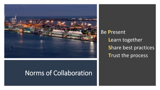 Norms of Collaboration
Be Present
Learn together
Share best practices
Trust the process
 