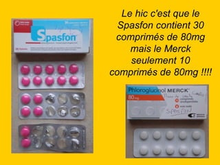 Le hic c'est que le Spasfon contient 30 comprimés de 80mg mais le Merck seulement 10 comprimés de 80mg !!!! 