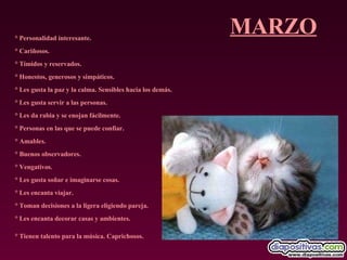 MARZO ° Personalidad interesante.  ° Cariñosos.  ° Tímidos y reservados.  ° Honestos, generosos y simpáticos.  ° Les gusta la paz y la calma. Sensibles hacia los demás.  ° Les gusta servir a las personas.  ° Les da rabia y se enojan fácilmente.  ° Personas en las que se puede confiar.  ° Amables.  ° Buenos observadores.  ° Vengativos.  ° Les gusta soñar e imaginarse cosas.  ° Les encanta viajar.  ° Toman decisiones a la ligera eligiendo pareja.  ° Les encanta decorar casas y ambientes.  ° Tienen talento para la música. Caprichosos.   