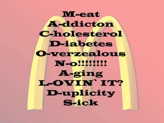 M-eat
A-ddicton
C-holesterol
D-iabetes
O-verzealous
N-o!!!!!!!!
A-ging
L-OVIN` IT?
D-uplicity
S-ick

 