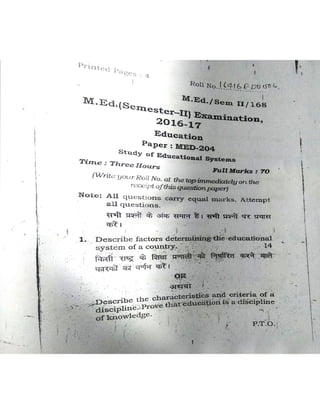 2nd Semester Papers, B.H.U., M.Ed.