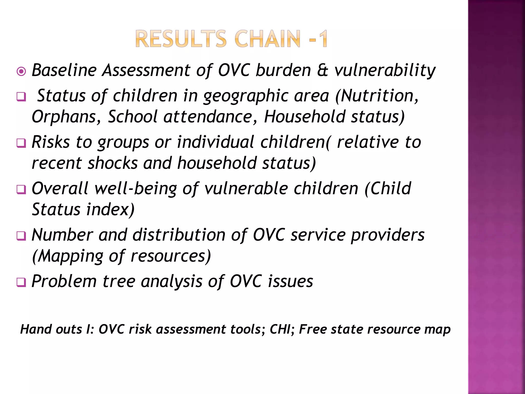  Baseline Assessment of OVC burden & vulnerability
 Status of children in geographic area (Nutrition,
Orphans, School attendance, Household status)
 Risks to groups or individual children( relative to
recent shocks and household status)
 Overall well-being of vulnerable children (Child
Status index)
 Number and distribution of OVC service providers
(Mapping of resources)
 Problem tree analysis of OVC issues
Hand outs I: OVC risk assessment tools; CHI; Free state resource map
 