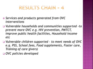  Services and products generated from OVC
interventions
 Vulnerable households and communities supported -to
prevent more OVC e.g. HIV prevention, PMTCT,
improve public health facilities, Household income
etc
 Vulnerable children supported – to meet needs of OVC
e.g. PSS, School fees, Food supplements, Foster care,
Training of care givers)
 OVC policies developed
 