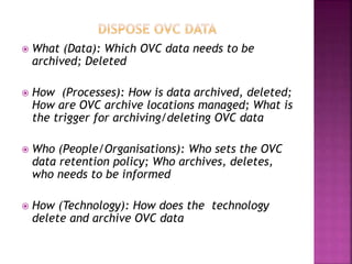  What (Data): Which OVC data needs to be
archived; Deleted
 How (Processes): How is data archived, deleted;
How are OVC archive locations managed; What is
the trigger for archiving/deleting OVC data
 Who (People/Organisations): Who sets the OVC
data retention policy; Who archives, deletes,
who needs to be informed
 How (Technology): How does the technology
delete and archive OVC data
 