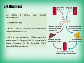 5.4. Diagnosi

 Es porta a          terme   tres   proves
 fonamentals:

 - Anàlisi de sang

 - Anàlisi d'orina, ambdós per determinar
 la quantitat de sucre.

 - Corba de glucèmia: Determina les
 variacions de la quantitat de sucre en la
 sang després de la ingestió d'una
 quantitat fixa de sucre.
 