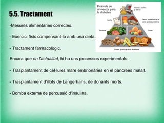 5.5. Tractament
-Mesures alimentàries correctes.

- Exercici físic compensant-lo amb una dieta.

- Tractament farmacològic.

Encara que en l'actualitat, hi ha uns processos experimentals:

- Trasplantament de cèl·lules mare embrionàries en el pàncrees malalt.

- Trasplantament d'illots de Langerhans, de donants morts.

- Bomba externa de percussió d'insulina.
 