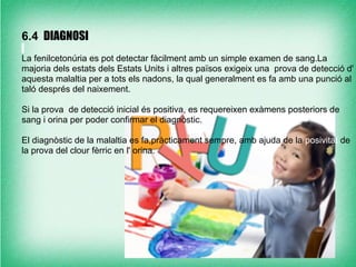 6.4 DIAGNOSI
La fenilcetonúria es pot detectar fàcilment amb un simple examen de sang.La
majoria dels estats dels Estats Units i altres països exigeix una prova de detecció d'
aquesta malaltia per a tots els nadons, la qual generalment es fa amb una punció al
taló després del naixement.

Si la prova de detecció inicial és positiva, es requereixen exàmens posteriors de
sang i orina per poder confirmar el diagnòstic.

El diagnòstic de la malaltia es fa,pràcticament sempre, amb ajuda de la posivitat de
la prova del clour fèrric en l' orina.
 