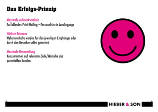 Das Erfolgs-Prinzip

Maximale Aufmerksamkeit
Auffallendes Print-Mailing + Personalisierte Landingpage

Höchste Relevanz
Website-Inhalte werden für den jeweiligen Empfänger oder
durch den Besucher selbst generiert.

Maximale Umwandlung
Konzentration auf relevante Ziele/Wünsche des
potentiellen Kunden.
 