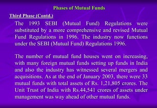 Phases of Mutual Funds 
Third Phase (Contd.) 
The 1993 SEBI (Mutual Fund) Regulations were 
substituted by a more comprehensive and revised Mutual 
Fund Regulations in 1996. The industry now functions 
under the SEBI (Mutual Fund) Regulations 1996. 
The number of mutual fund houses went on increasing, 
with many foreign mutual funds setting up funds in India 
and also the industry has witnessed several mergers and 
acquisitions. As at the end of January 2003, there were 33 
mutual funds with total assets of Rs. 1,21,805 crores. The 
Unit Trust of India with Rs.44,541 crores of assets under 
management was way ahead of other mutual funds. 
 