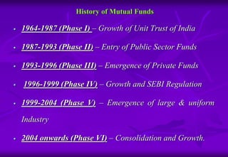 History of Mutual Funds 
 1964-1987 (Phase I) – Growth of Unit Trust of India 
 1987-1993 (Phase II) – Entry of Public Sector Funds 
 1993-1996 (Phase III) – Emergence of Private Funds 
 1996-1999 (Phase IV) – Growth and SEBI Regulation 
 1999-2004 (Phase V) – Emergence of large & uniform 
Industry 
 2004 onwards (Phase VI) – Consolidation and Growth. 
 