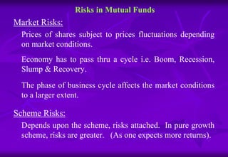 Risks in Mutual Funds 
Market Risks: 
Prices of shares subject to prices fluctuations depending 
on market conditions. 
Economy has to pass thru a cycle i.e. Boom, Recession, 
Slump & Recovery. 
The phase of business cycle affects the market conditions 
to a larger extent. 
Scheme Risks: 
Depends upon the scheme, risks attached. In pure growth 
scheme, risks are greater. (As one expects more returns). 
 