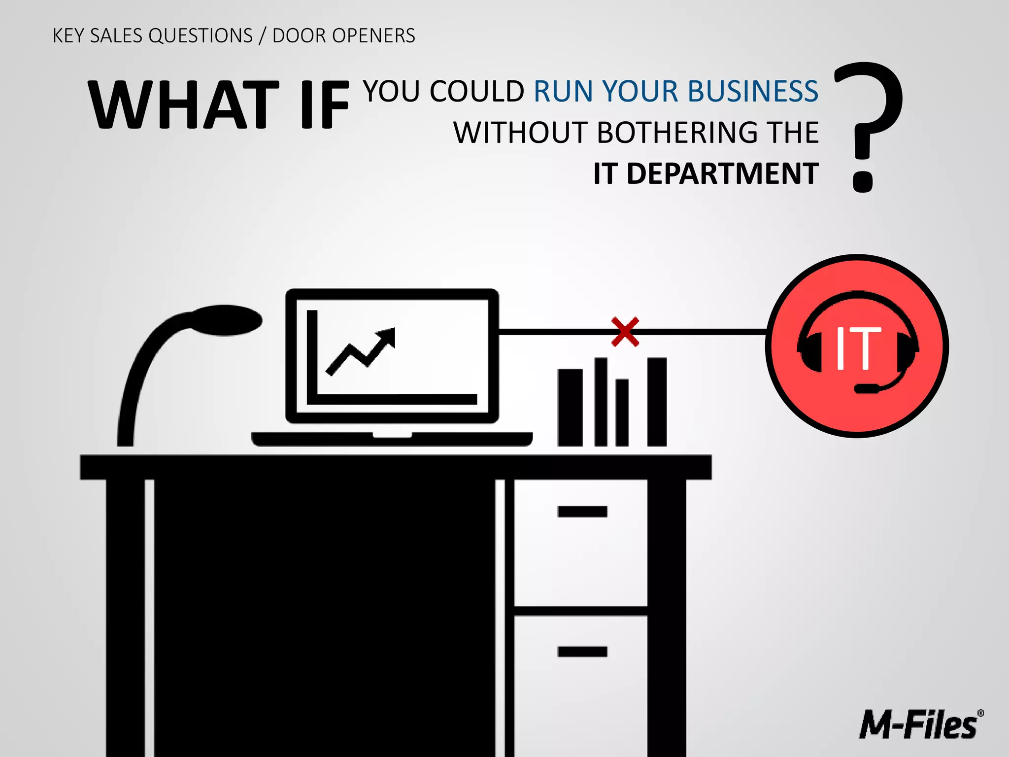 YOU COULD RUN YOUR BUSINESS
?WITHOUT BOTHERING THE
IT DEPARTMENT
IT
WHAT IF
KEY SALES QUESTIONS / DOOR OPENERS
 