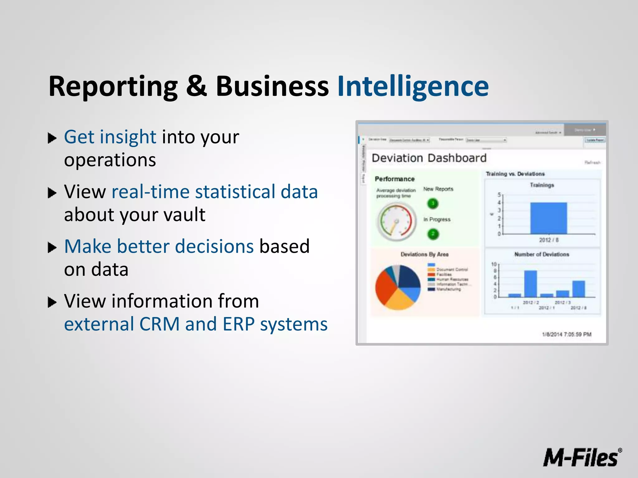 Get insight into your
operations
View real-time statistical data
about your vault
Make better decisions based
on data
View information from
external CRM and ERP systems
Reporting & Business Intelligence
 