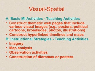 Visual-Spatial  A. Basic MI Activities - Teaching Activities   Construct thematic web pages that include various visual images (e.g., posters, political cartoons, broadsides, photos, illustrations)   Construct hyperlinked timelines and maps   B. Instructional Strategies - Teaching Activities   Imagery   Map analysis   Observation activities   Construction of dioramas or posters   