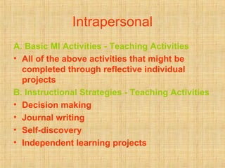 Intrapersonal A. Basic MI Activities - Teaching Activities   All of the above activities that might be completed through reflective individual projects   B. Instructional Strategies - Teaching Activities   Decision making   Journal writing   Self-discovery   Independent learning projects   