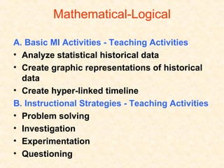 Mathematical-Logical A. Basic MI Activities - Teaching Activities   Analyze statistical historical data   Create graphic representations of historical data   Create hyper-linked timeline   B. Instructional Strategies - Teaching Activities   Problem solving   Investigation   Experimentation   Questioning   