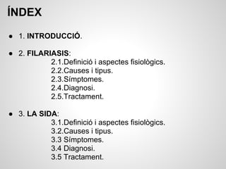 ÍNDEX
● 1. INTRODUCCIÓ.

● 2. FILARIASIS:
           2.1.Definició i aspectes fisiològics.
           2.2.Causes i tipus.
           2.3.Símptomes.
           2.4.Diagnosi.
           2.5.Tractament.

● 3. LA SIDA:
           3.1.Definició i aspectes fisiològics.
           3.2.Causes i tipus.
           3.3 Símptomes.
           3.4 Diagnosi.
           3.5 Tractament.
 