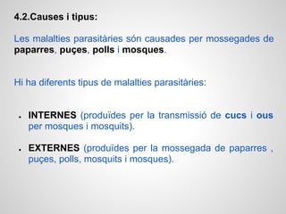 4.2.Causes i tipus:

Les malalties parasitàries són causades per mossegades de
paparres, puçes, polls i mosques.


Hi ha diferents tipus de malalties parasitàries:


 ●   INTERNES (produïdes per la transmissió de cucs i ous
     per mosques i mosquits).

 ●   EXTERNES (produïdes per la mossegada de paparres ,
     puçes, polls, mosquits i mosques).
 